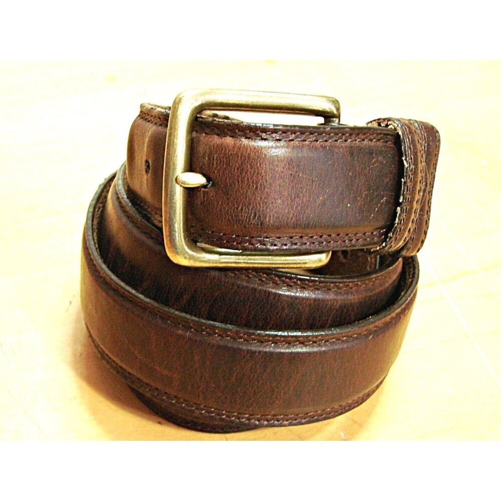 Mens Belt Sz 44 Oil Tanned Cowhide Leather Brown Brass Buckle Stitching Vintage